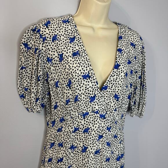 Maje Ripensee Blue Floral Print V Neck Dress Puff Sleeve Romantic Women's - Picture 3 of 16